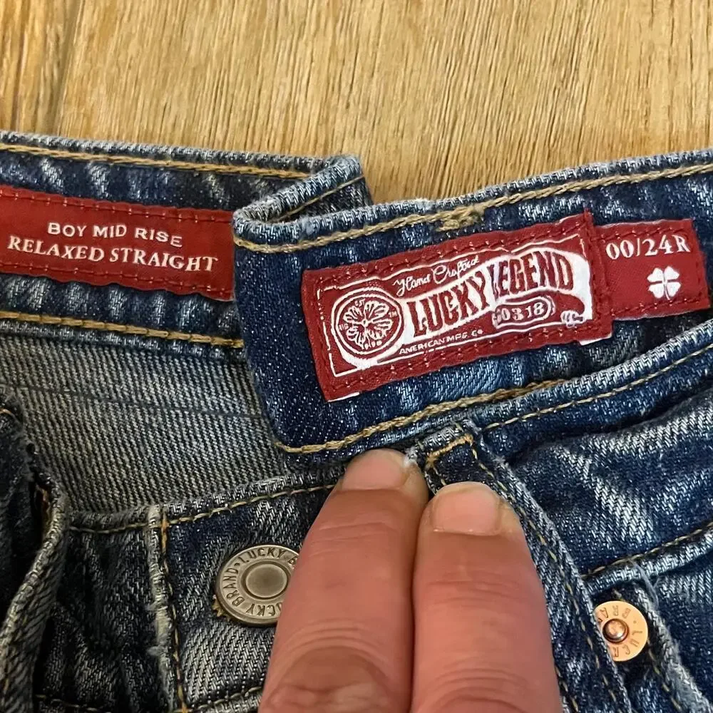 Lucky Brand Lucky Legend Womens Boy Mid Rise Jeans Straight 24R Patchwork Boho - Picture 9 of 11